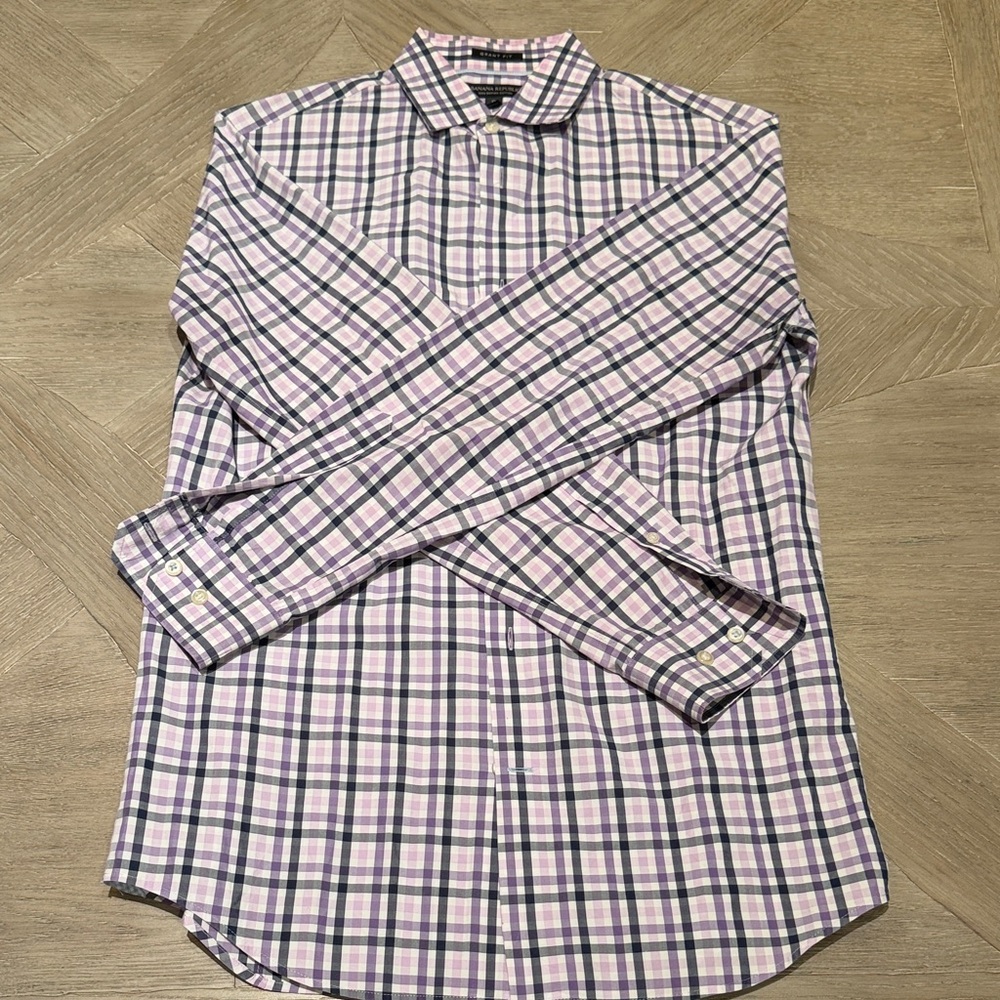 Banana Republic Men's Checkered Shirt - Purple, White, and Black